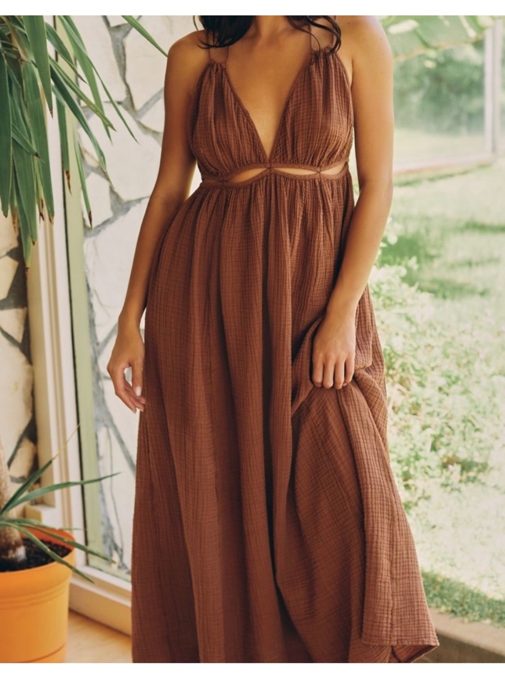 Anthropologie Gauzy Cutout Cover-Up Maxi Dress Brown